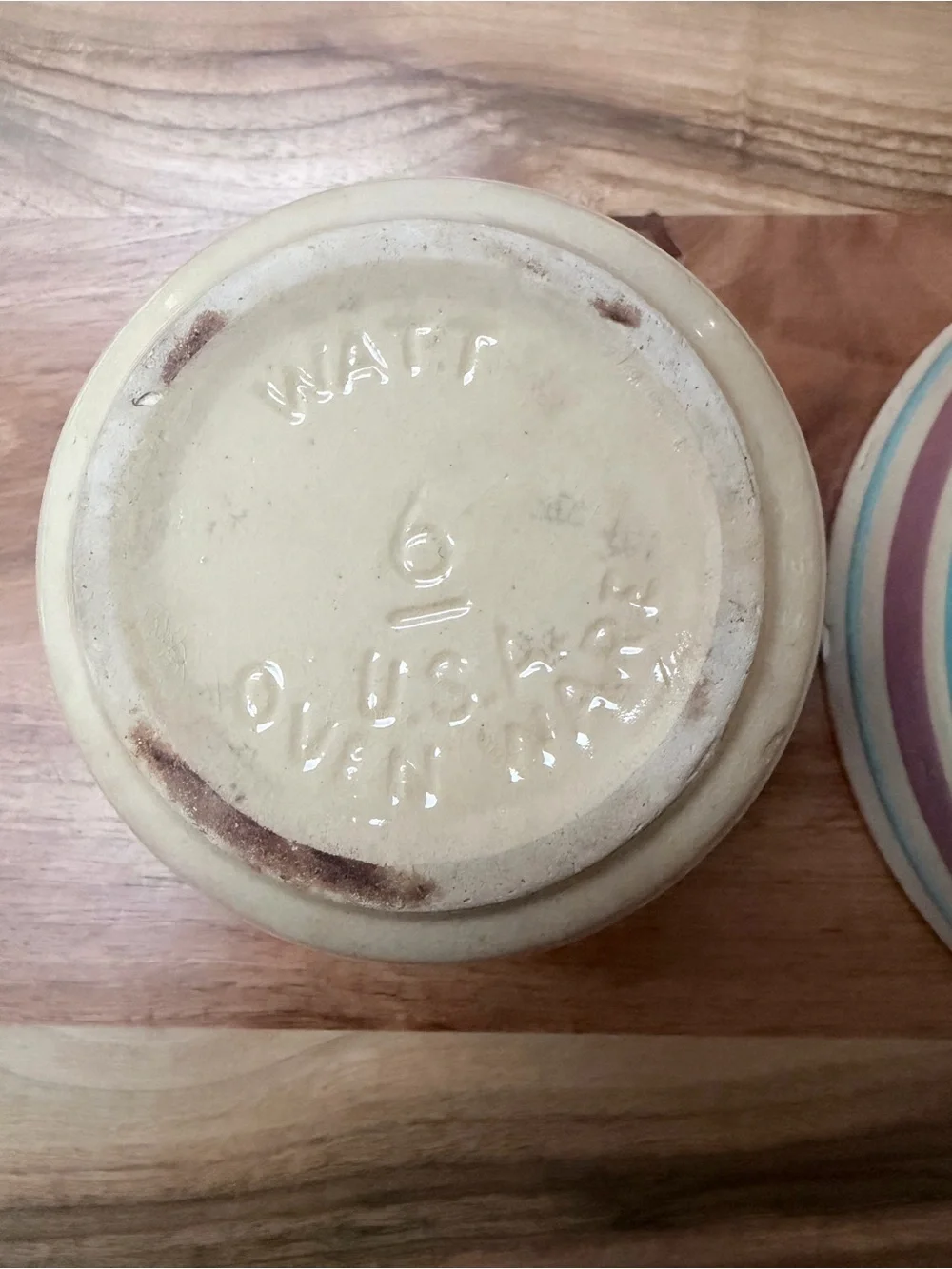 Watt Beehive pink and blue striped mixing bowl set, size 6 and 7, vintage